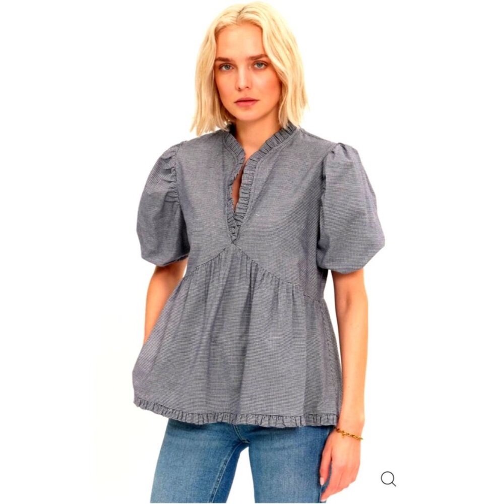 Womens Puff Sleeve Ruffle Peplum Top - Gray